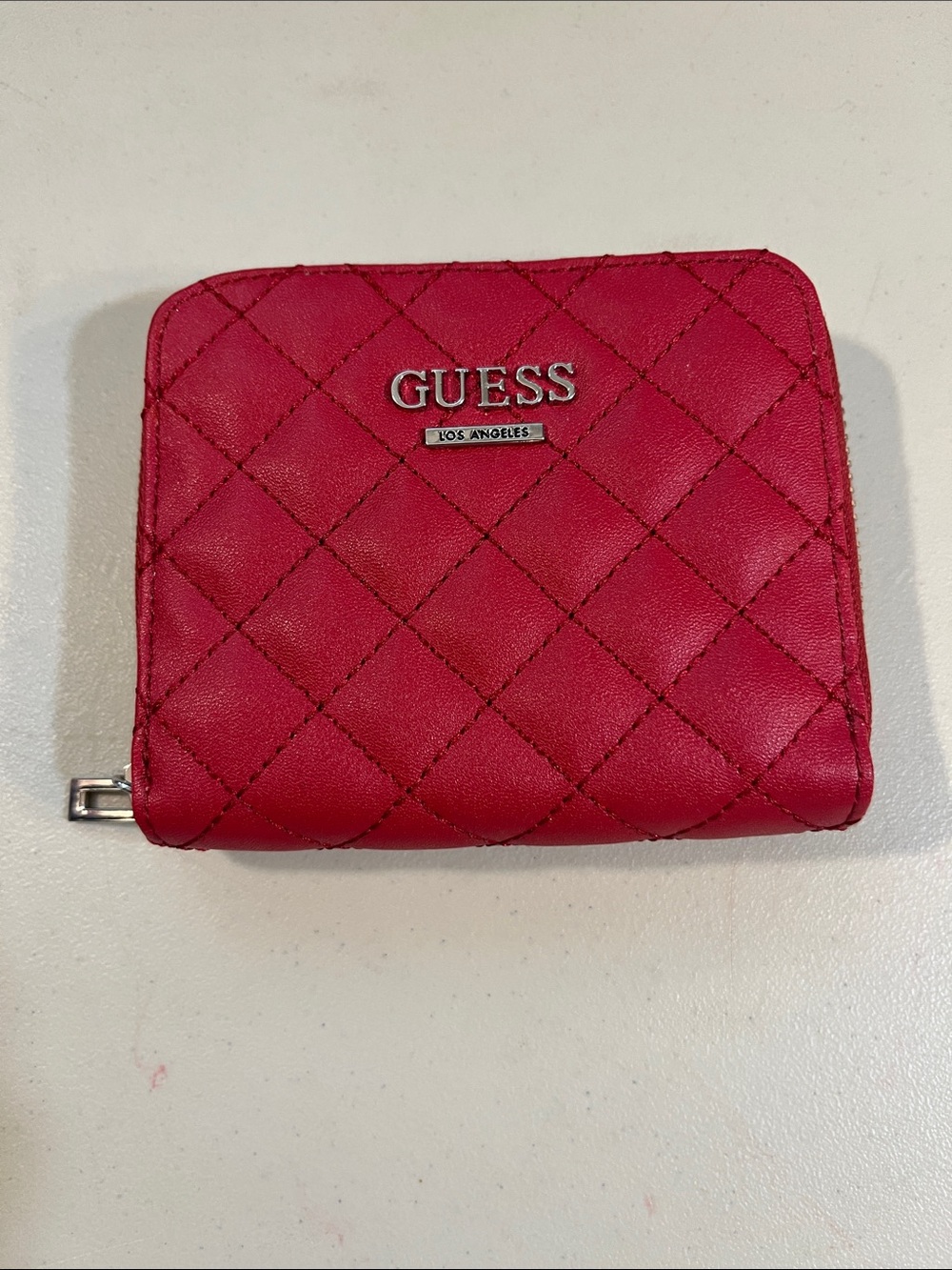 Guess Quilted Hot Pink Zip-Around Wallet with Silver Logo